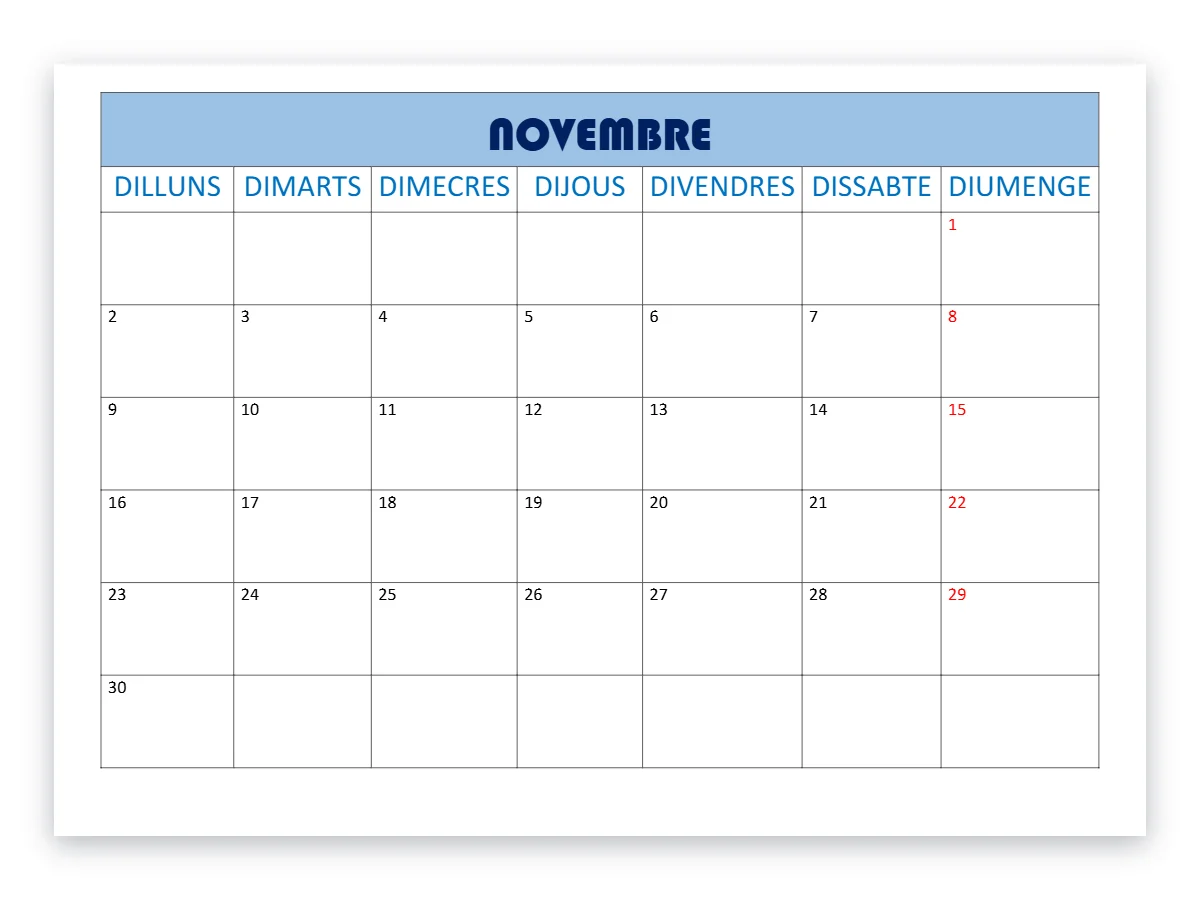 Vista prèvia de la plantilla Planning novembre pdf