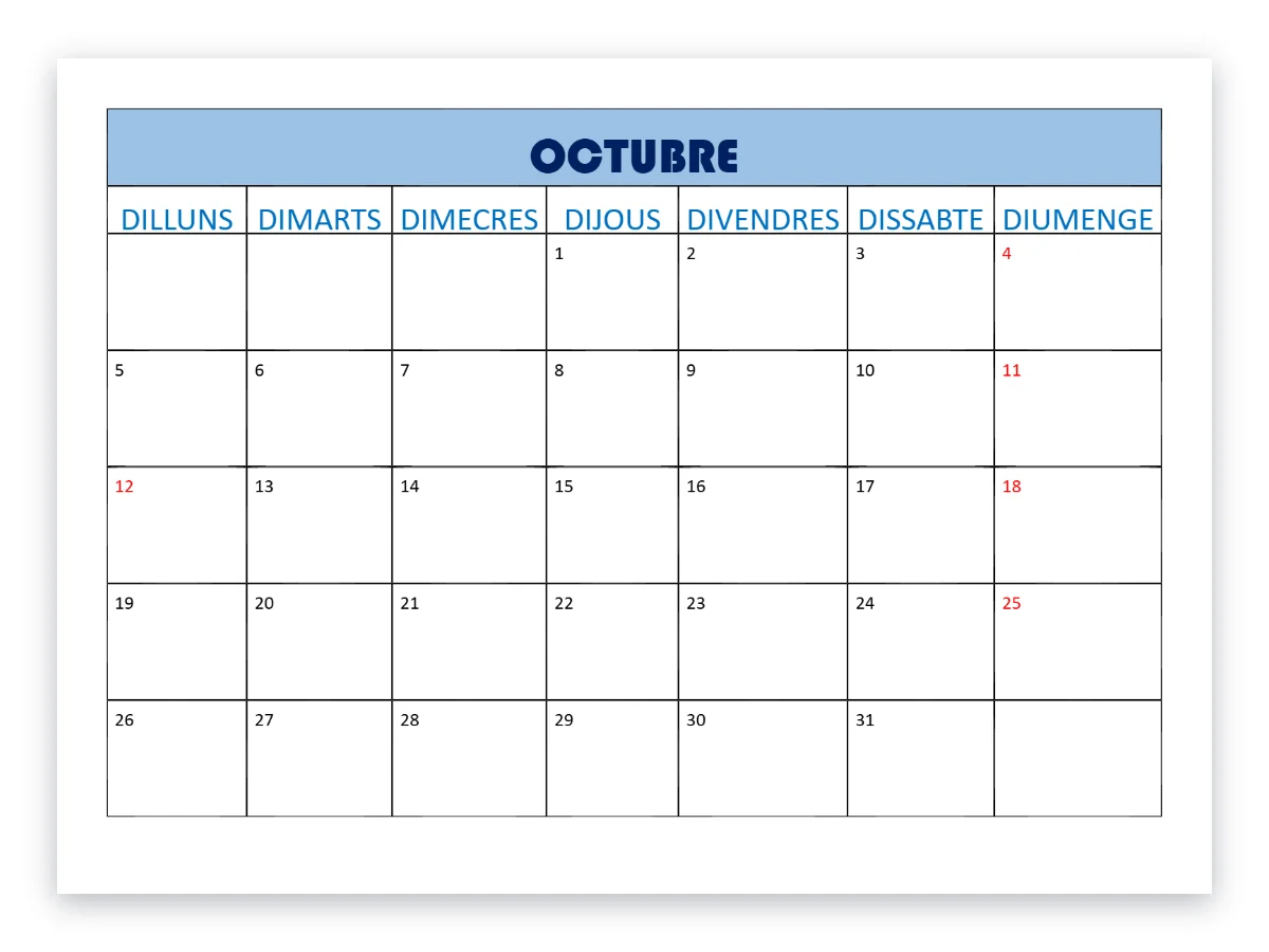 Vista prèvia de la plantilla Planning octubre